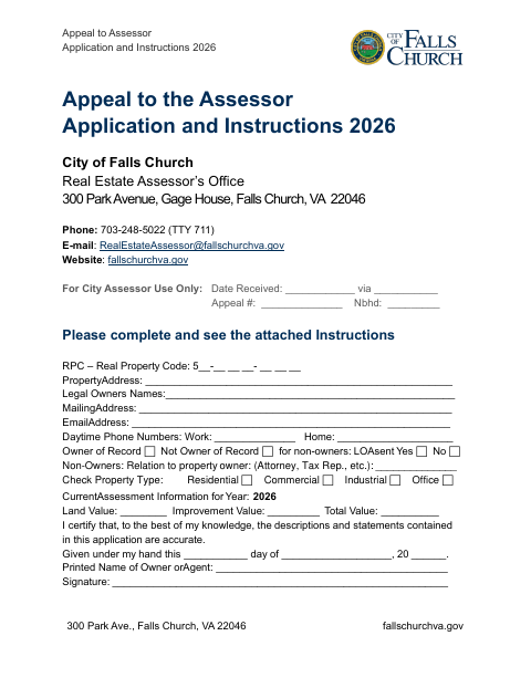 Appeal to the Assessor Application, City of Falls Church form, first page