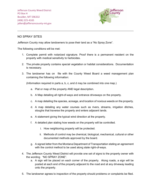 No Spray Sites, Jefferson County form, first page