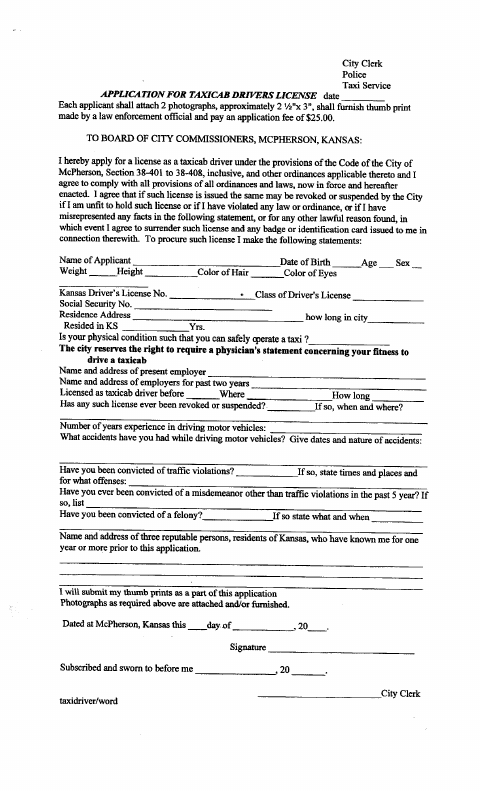 First page of the Taxicab Driver License Application