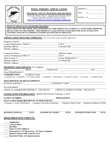 POOL PERMIT Application — Franklin County form, first page