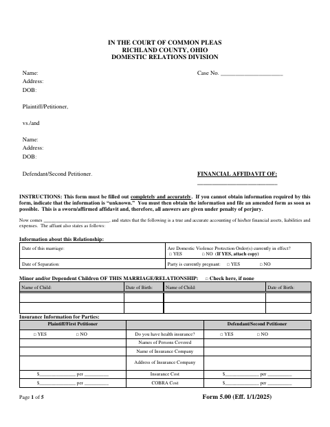 Financial Affidavit, Richland County form, first page
