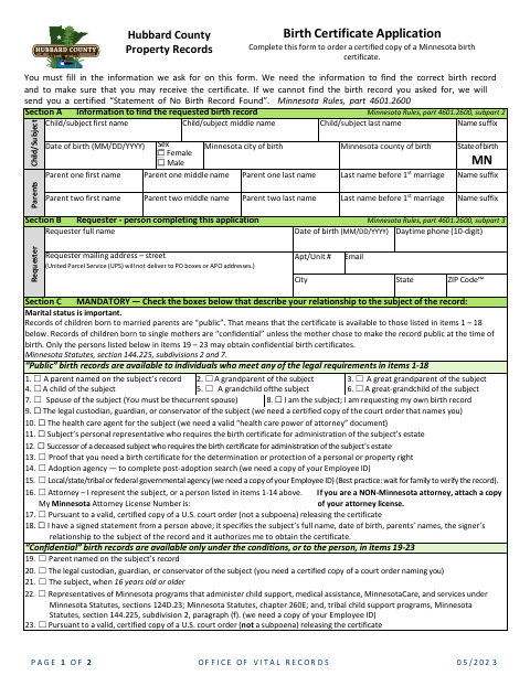 Birth Certificate Application, Hubbard County form, first page
