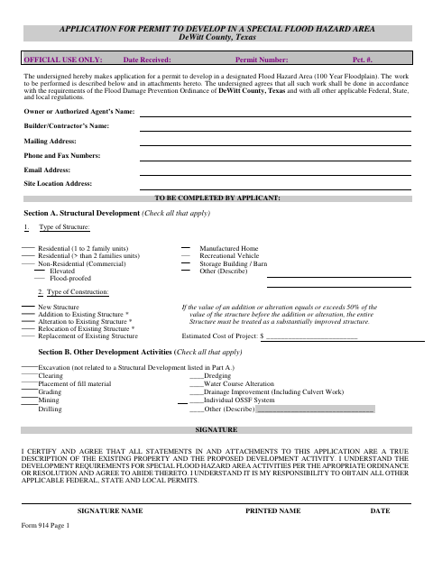First page of the Special Flood Hazard Area Development Permit Application