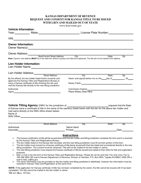 Request and Consent for Title to Be Issued with Lien (TR-42) first page