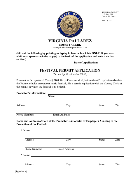 Festival Permit Application, Presidio County form, first page