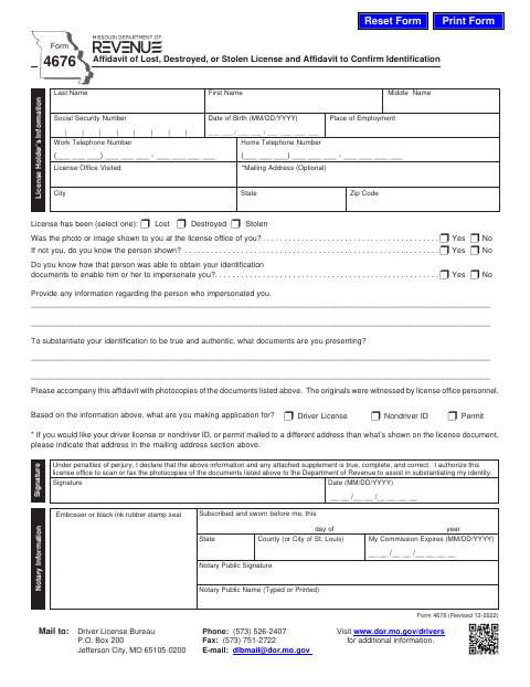 Form 4676 Affidavit of Lost, Destroyed, or Stolen License first page