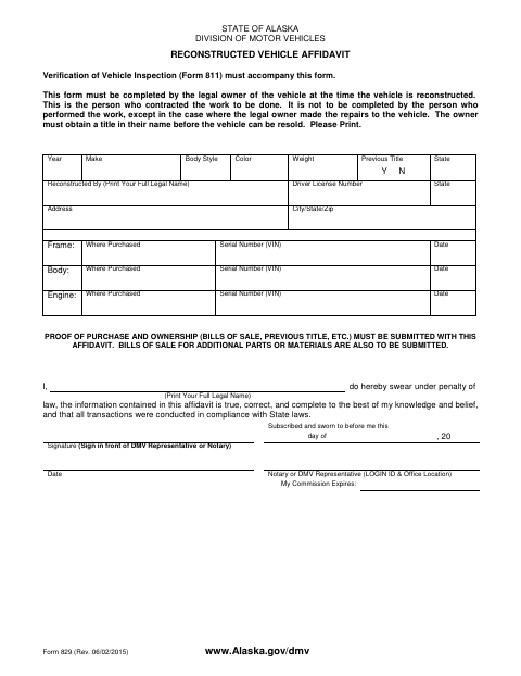 Form 829 Reconstructed Vehicle Affidavit first page