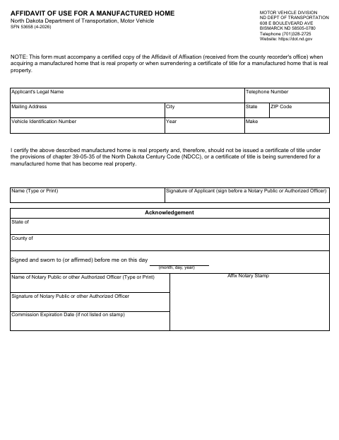SFN 53658 Affidavit of Use for a Manufactured Home first page