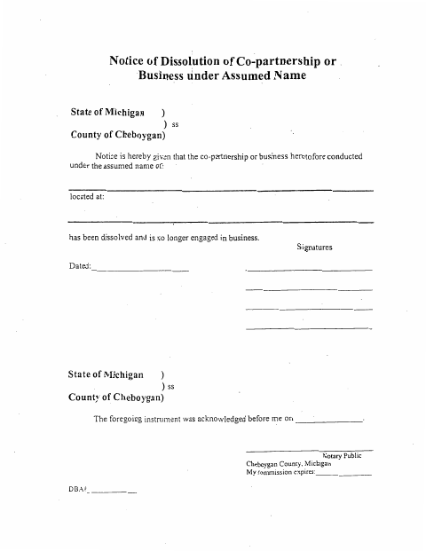 Notice of Dissolution of Co-Partnership or Business Under Assumed Name, Cheboygan County form, first page