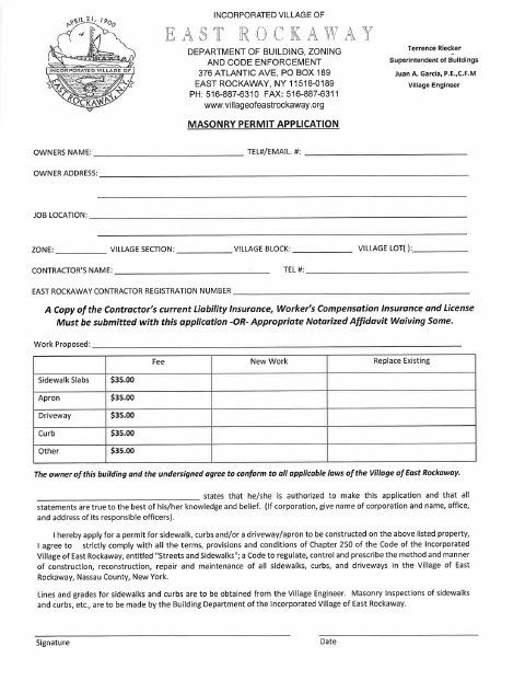 First page of the Masonry Permit Application
