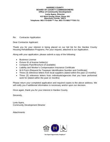Contractor Application — Hardee County form, first page