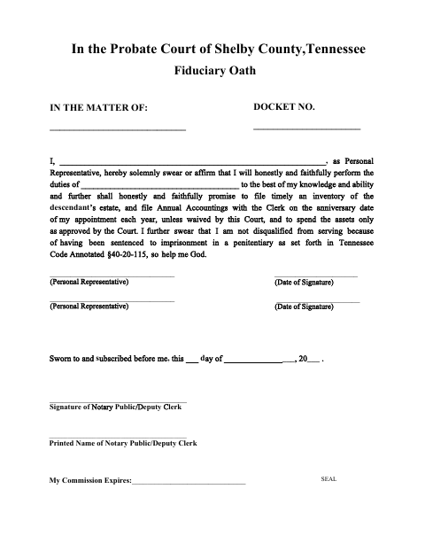 Fiduciary Oath, Shelby County form, first page