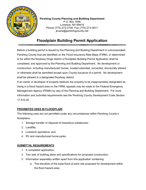 Floodplain Building Permit Application, Pershing County form, first page