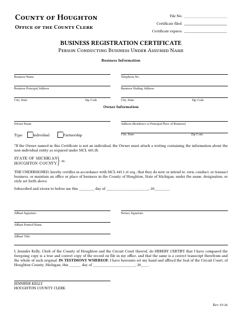 Business Registration Certificate, Houghton County form, first page