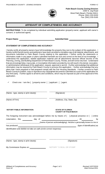 AFFIDAVIT OF COMPLETENESS AND ACCURACY — Palm Beach County form, first page