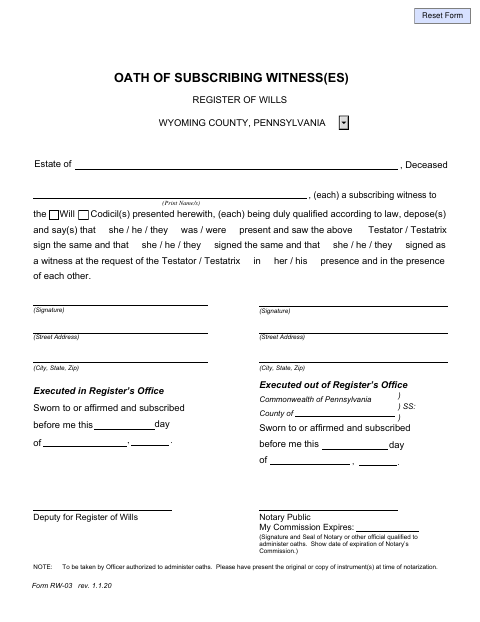 Oath Of Subscribing Witnesses, Wyoming County form, first page
