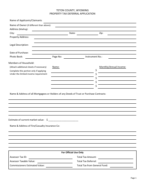 Property Tax Deferral Application, Teton County form, first page