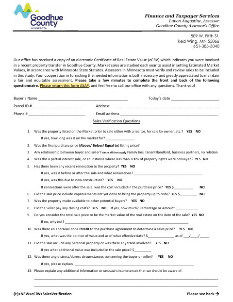 First page of the Residential Sales Verification Form