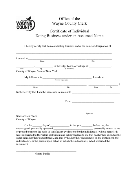Certificate of Individual Doing Business Under an Assumed Name, Wayne County form, first page