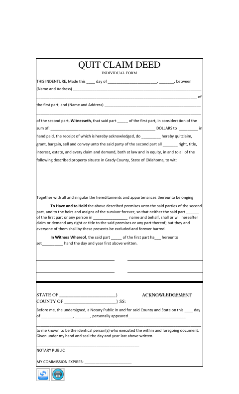 Quit Claim Deed Individual, Grady County form, first page