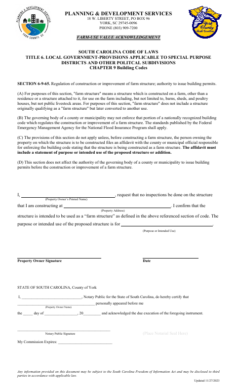 Farm-Use Value Acknowledgement, York County form, first page