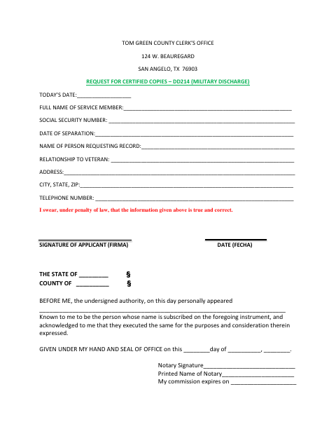 Request for Certified Copy of DD-214, Tom Green County form, first page
