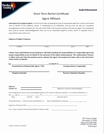Short-Term Rental Certificate Agent Affidavit — Pinellas County form, first page