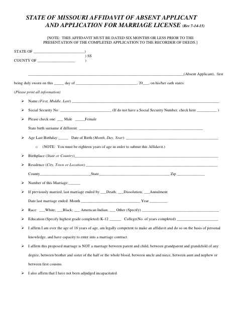 Affidavit of Absent Applicant and Application for Marriage License, Crawford County form, first page
