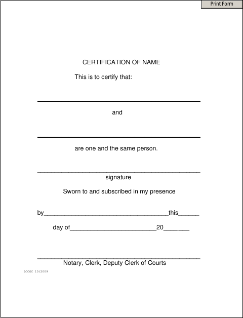 Certification of Name, Lucas County form, first page