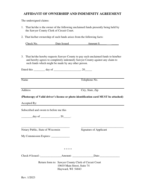 Ownership and Indemnity Affidavit, Sawyer County form, first page