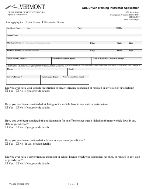 VN-069 CDL Driver Training Instructor Application first page