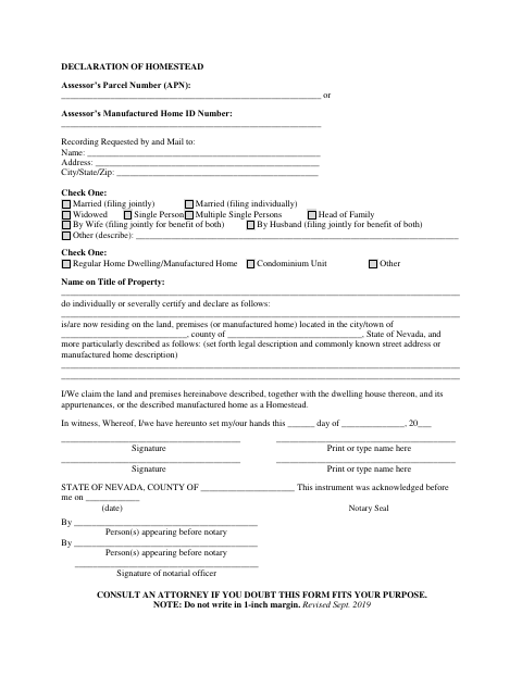 Declaration of Homestead, Washoe County form, first page