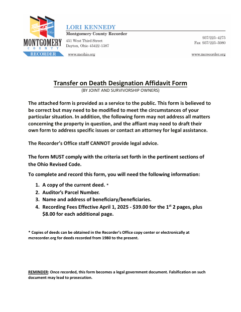 Transfer on Death Designation Affidavit Form (Joint and Survivorship Owners), Montgomery County form, first page