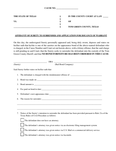 Affidavit of Surety to Surrender and Application for Issuance of Warrant, Tom Green County form, first page