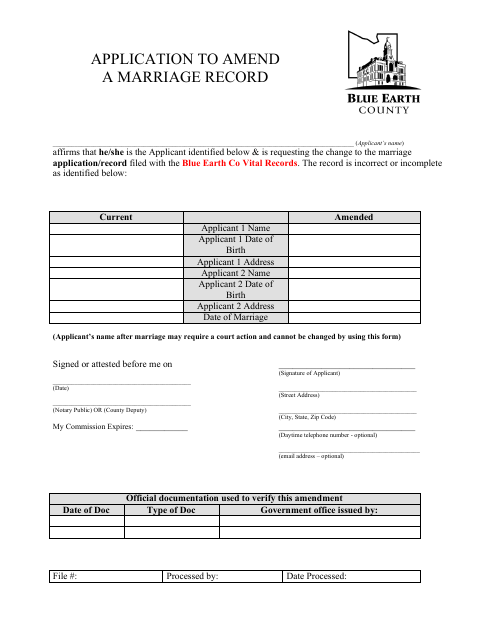 Application to Amend a Marriage Record, Blue Earth County form, first page