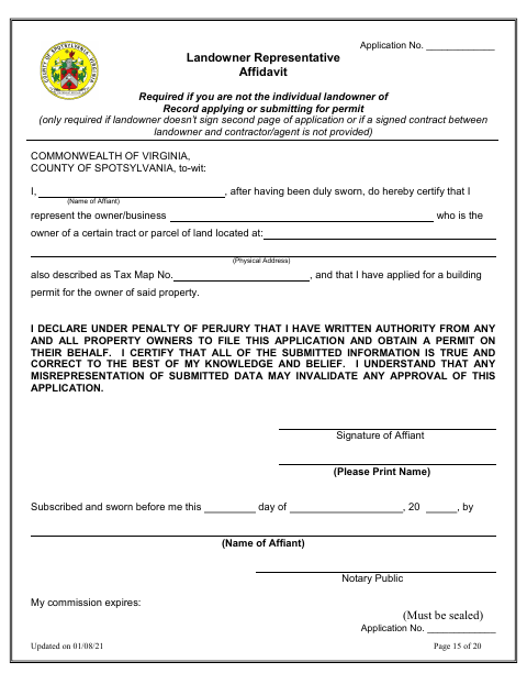 Landowner Representative Affidavit, Spotsylvania County form, first page