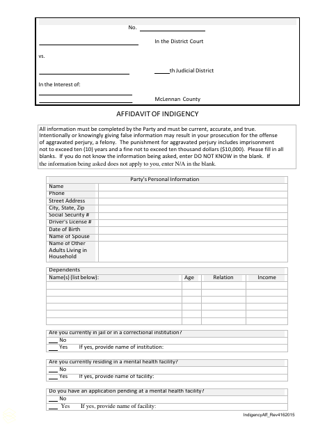 Affidavit of Indigency, McLennan County form, first page