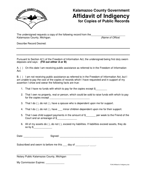 Affidavit of Indigency for Copies of Public Records, Kalamazoo County form, first page
