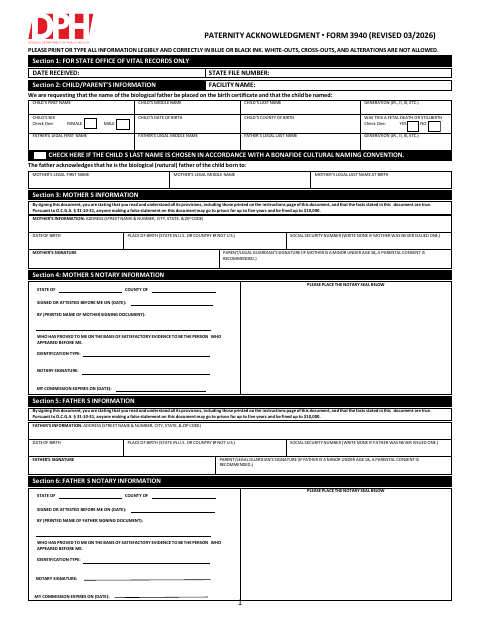 Paternity Acknowledgment Form 3940 first page