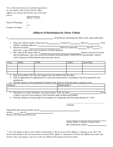 Affidavit of Distribution for Motor Vehicle, Carbon County form, first page