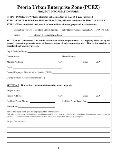 First page of the PUEZ Project Information Form