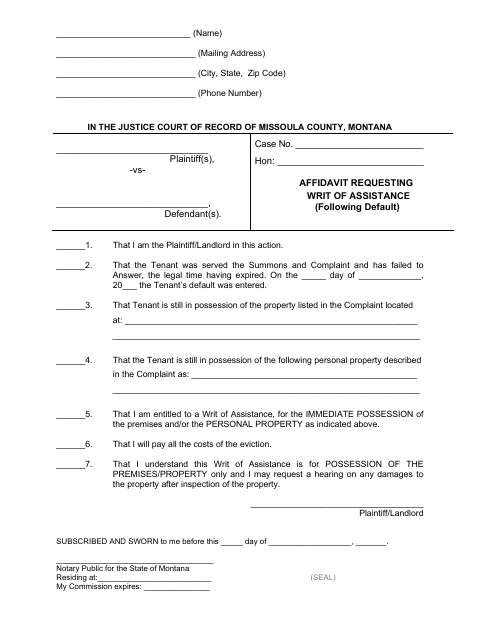 Affidavit Requesting Writ of Assistance Following Default, Missoula County form, first page