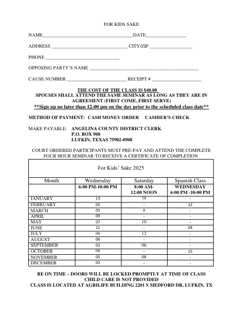 First page of the For Kids’ Sake Seminar Registration
