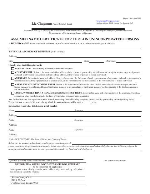 Assumed Name Certificate for Certain Unincorporated Persons, Pecos County form, first page
