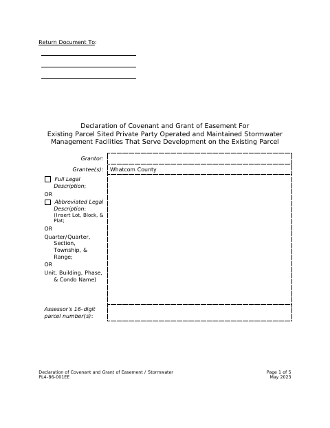 Declaration of Covenant and Grant of Easement for Existing Parcel Stormwater Facilities, Whatcom County form, first page
