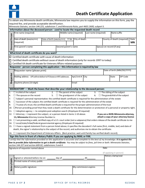 Death Certificate Application, Hennepin County form, first page
