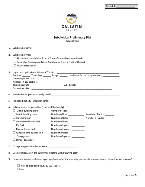 First page of the Subdivision Preliminary Plat Application
