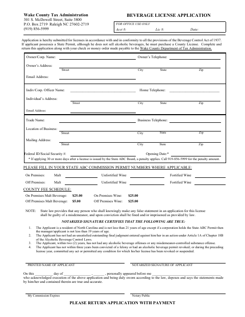 Beverage License Application, Wake County form, first page