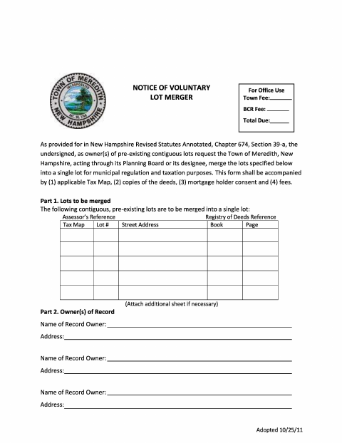 First page of the Voluntary Lot Merger Application