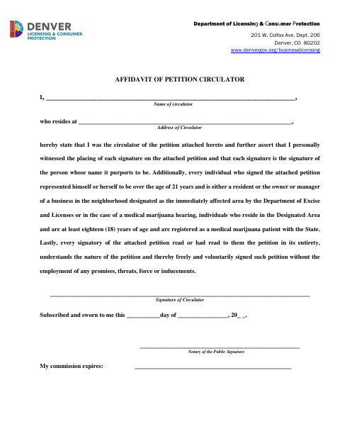 Affidavit of Petition Circulator, Denver County form, first page